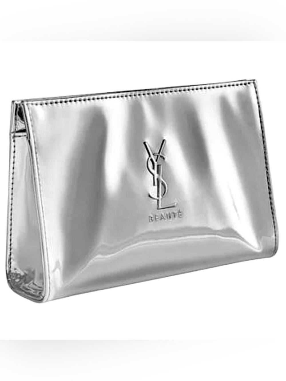New YSL Yves Saint Laurent Beaute Silver Makeup Cosmetic Bag Pouch Clutch
